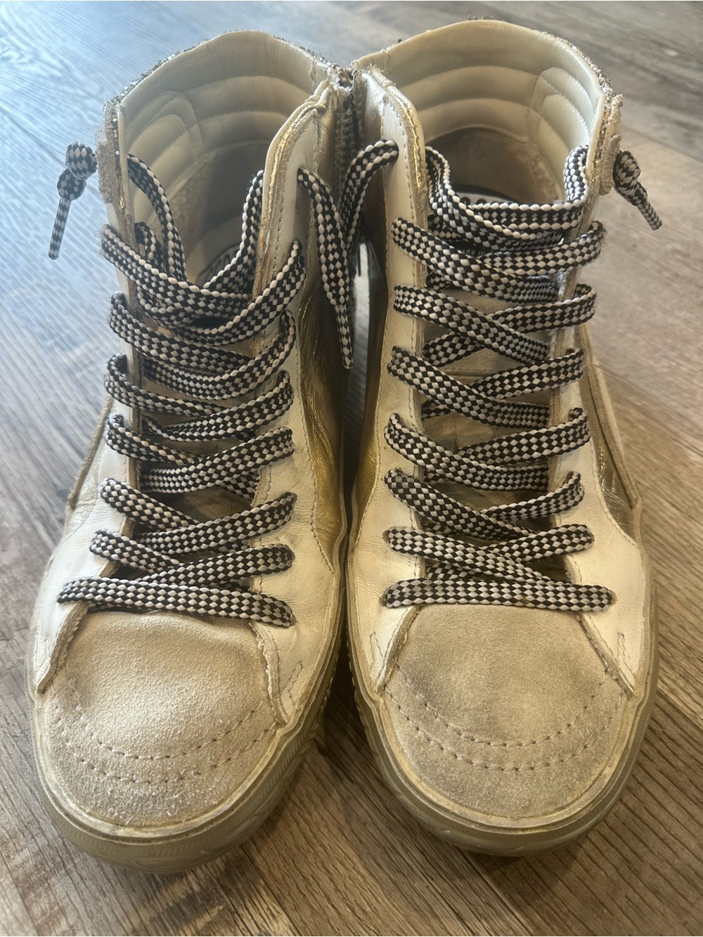 Golden Goose Metallic Gold High-Top Sneakers with Black & White Laces